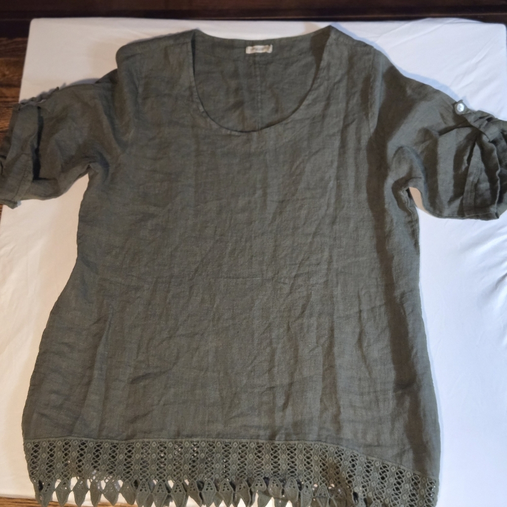 Lungo Larno Linen Top 1X Olive Green Crochet Short Sleeve Plus Size Lagenlook
